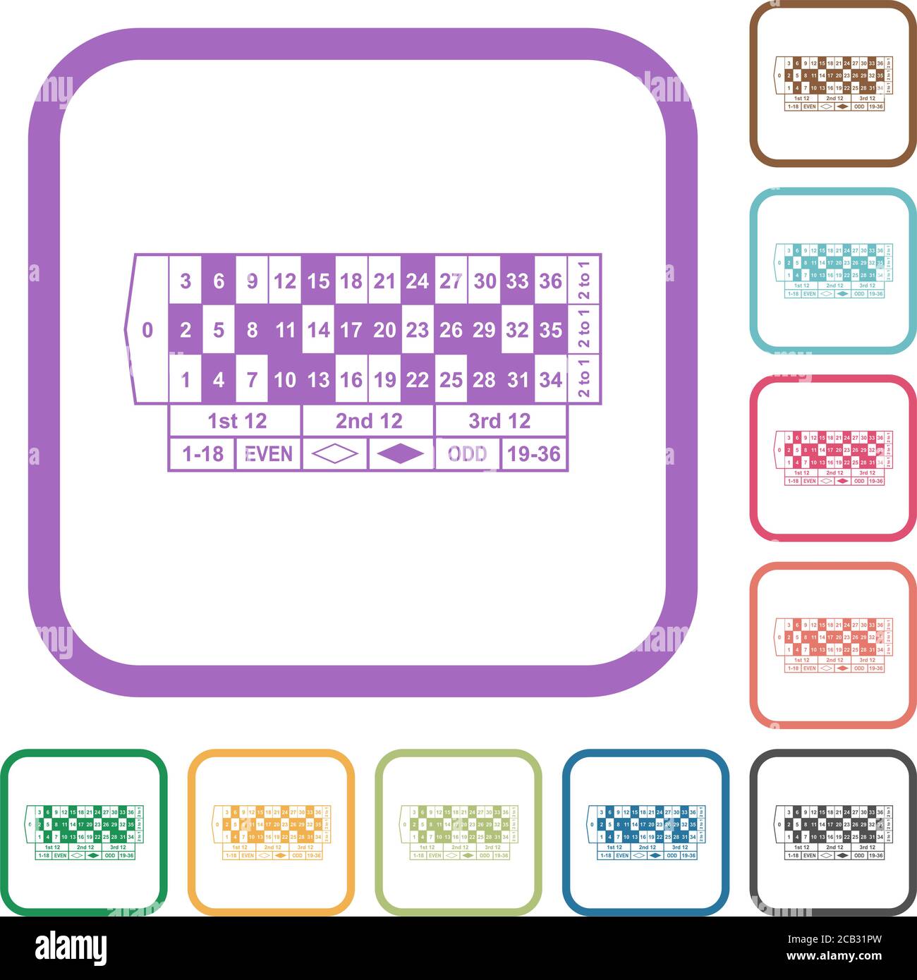 Roulette table simple icons in color rounded square frames on white background Stock Vector