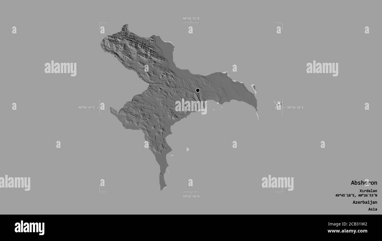 Area of Absheron, region of Azerbaijan, isolated on a solid background in a georeferenced bounding box. Labels. Bilevel elevation map. 3D rendering Stock Photo