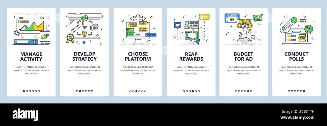 Digital marketing strategy. Mobile app onboarding screens, vector ...