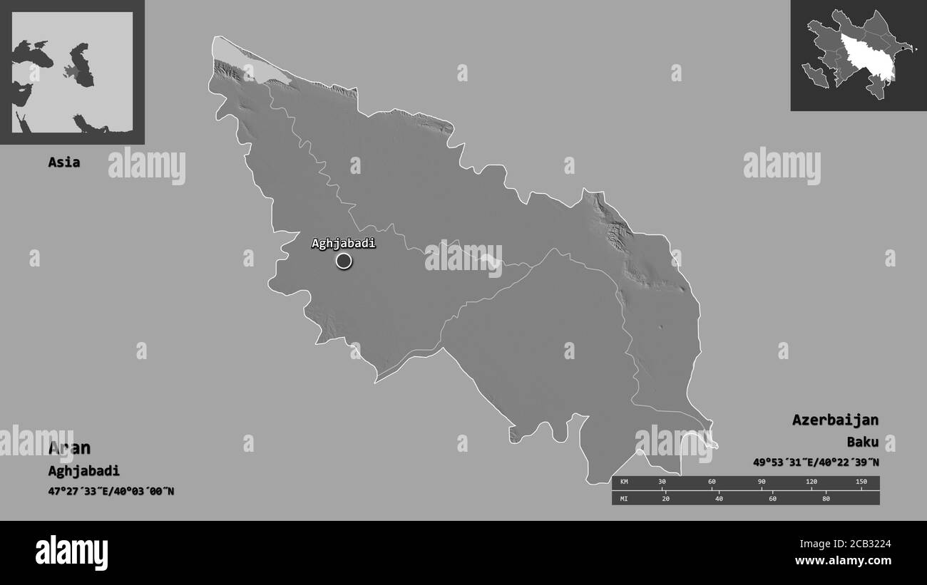 Shape of Aran, region of Azerbaijan, and its capital. Distance scale, previews and labels. Bilevel elevation map. 3D rendering Stock Photo