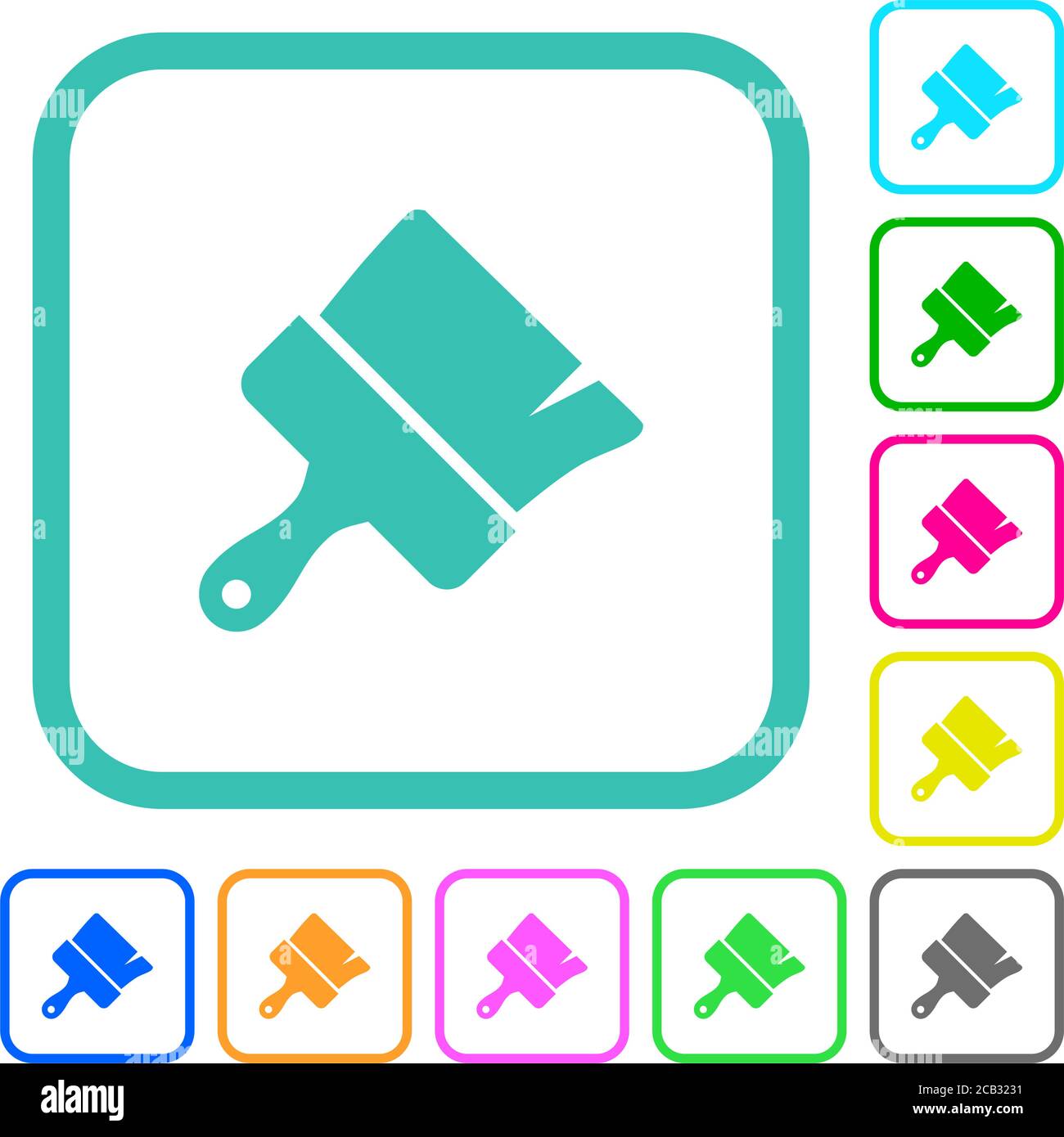 Paint brush vivid colored flat icons in curved borders on white ...