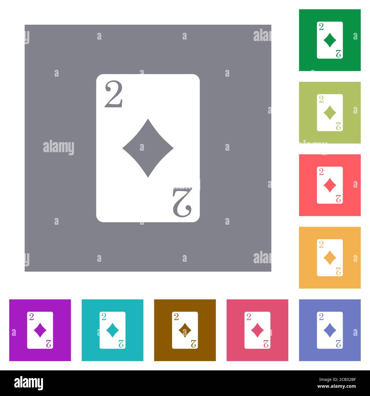 Two of diamonds card flat icons on simple color square backgrounds ...