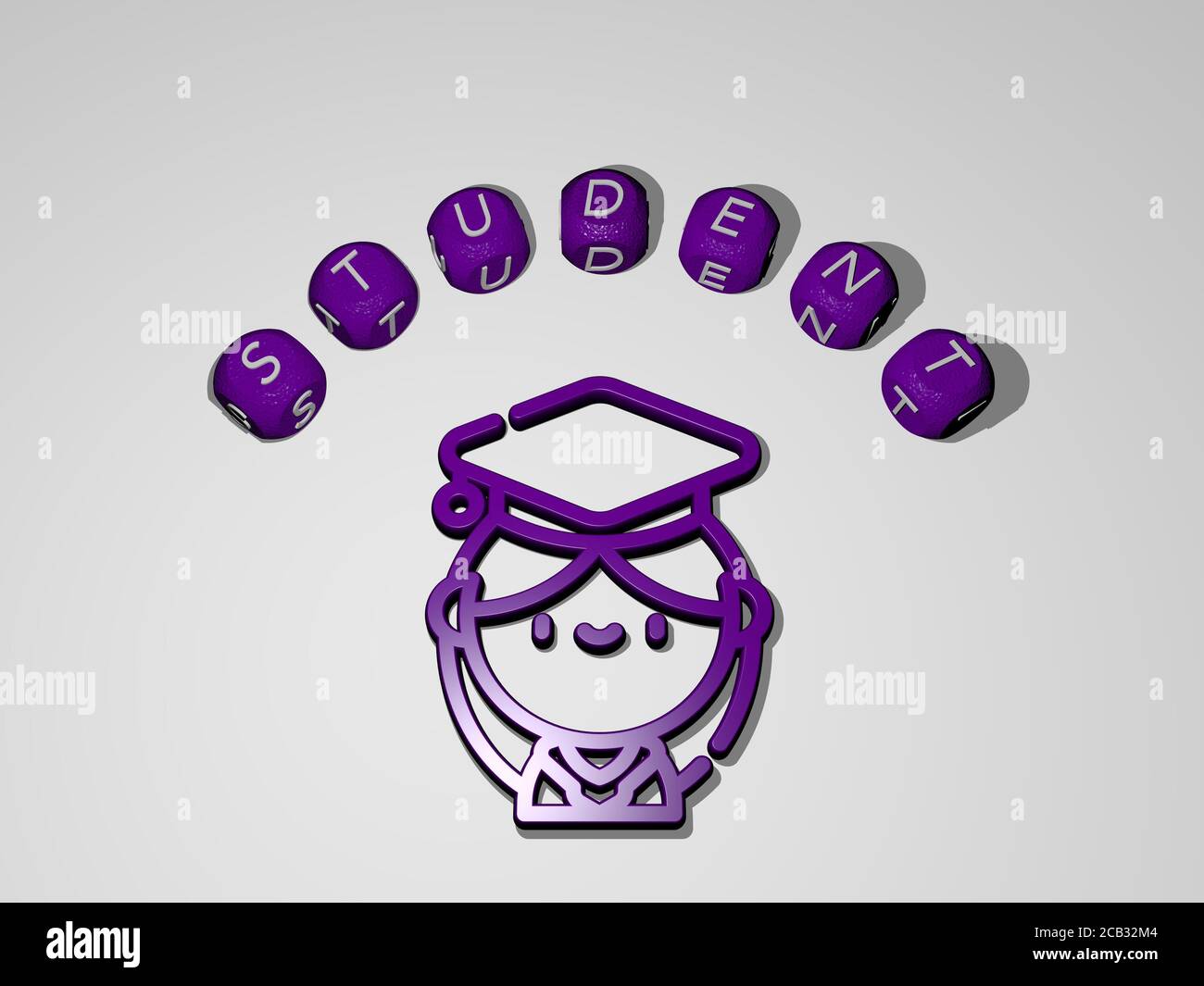 student icon surrounded by the text of individual letters. 3D illustration. education and girl Stock Photo
