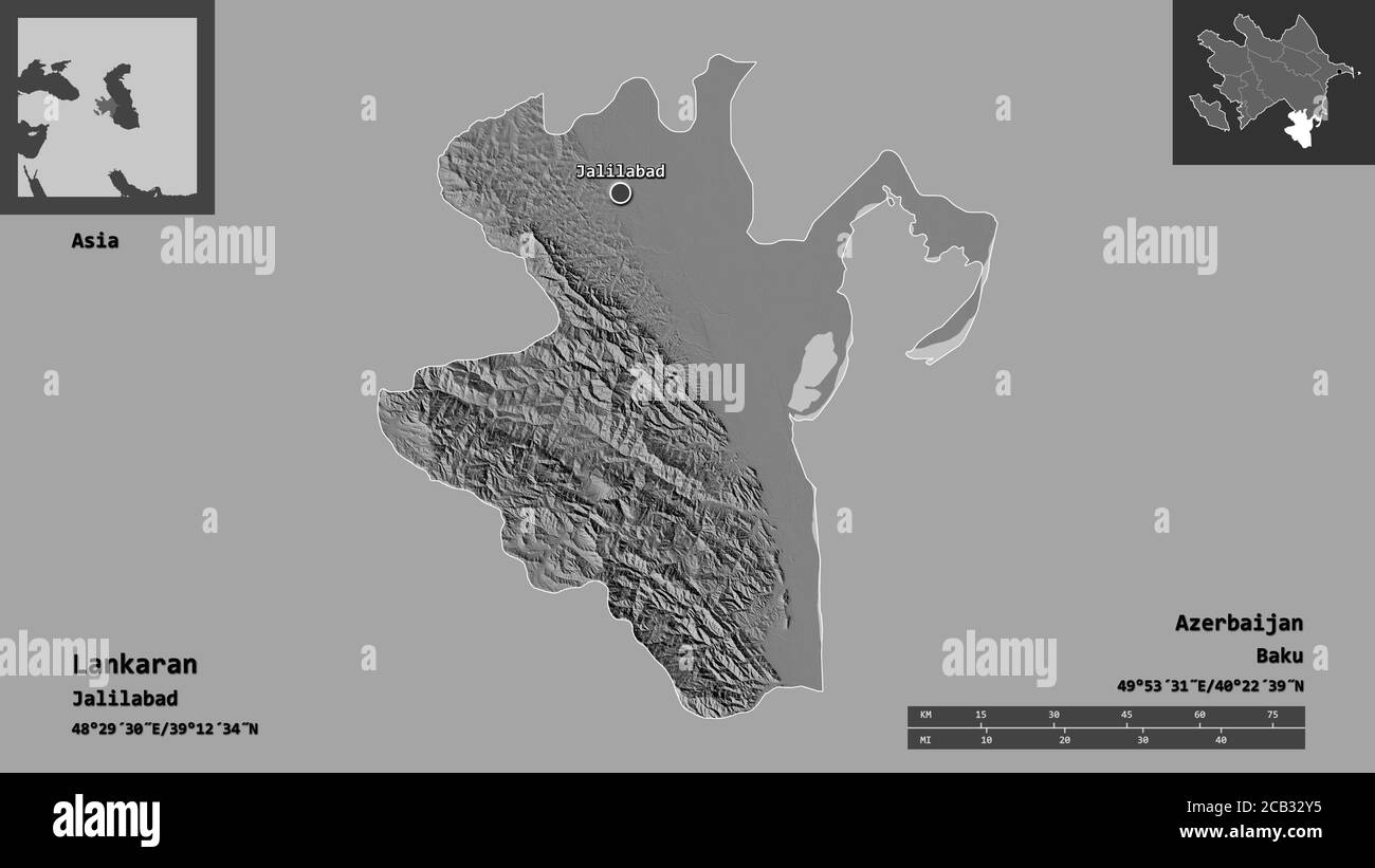 Shape of Lankaran, region of Azerbaijan, and its capital. Distance scale, previews and labels. Bilevel elevation map. 3D rendering Stock Photo