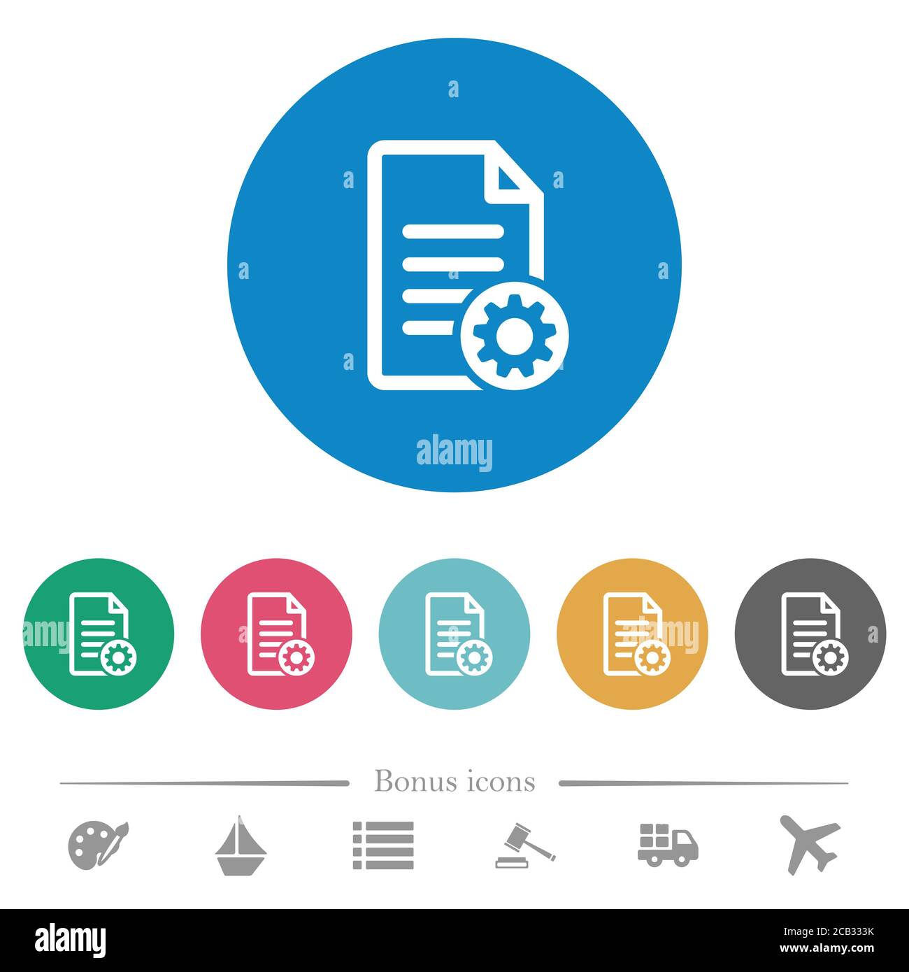 Document settings flat white icons on round color backgrounds. 6 bonus ...