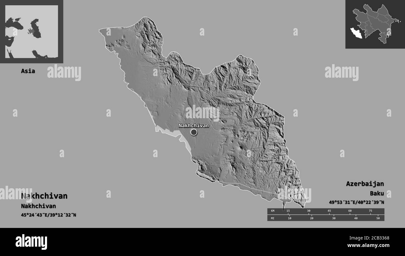 Shape of Nakhchivan, region of Azerbaijan, and its capital. Distance scale, previews and labels. Bilevel elevation map. 3D rendering Stock Photo