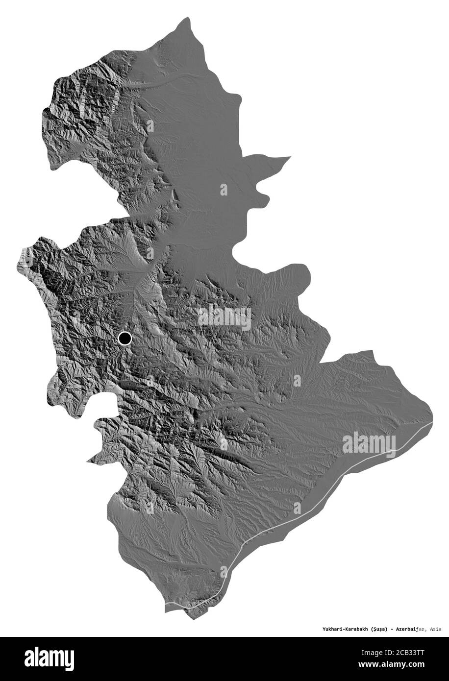Shape of Yukhari-Karabakh, region of Azerbaijan, with its capital isolated on white background. Bilevel elevation map. 3D rendering Stock Photo