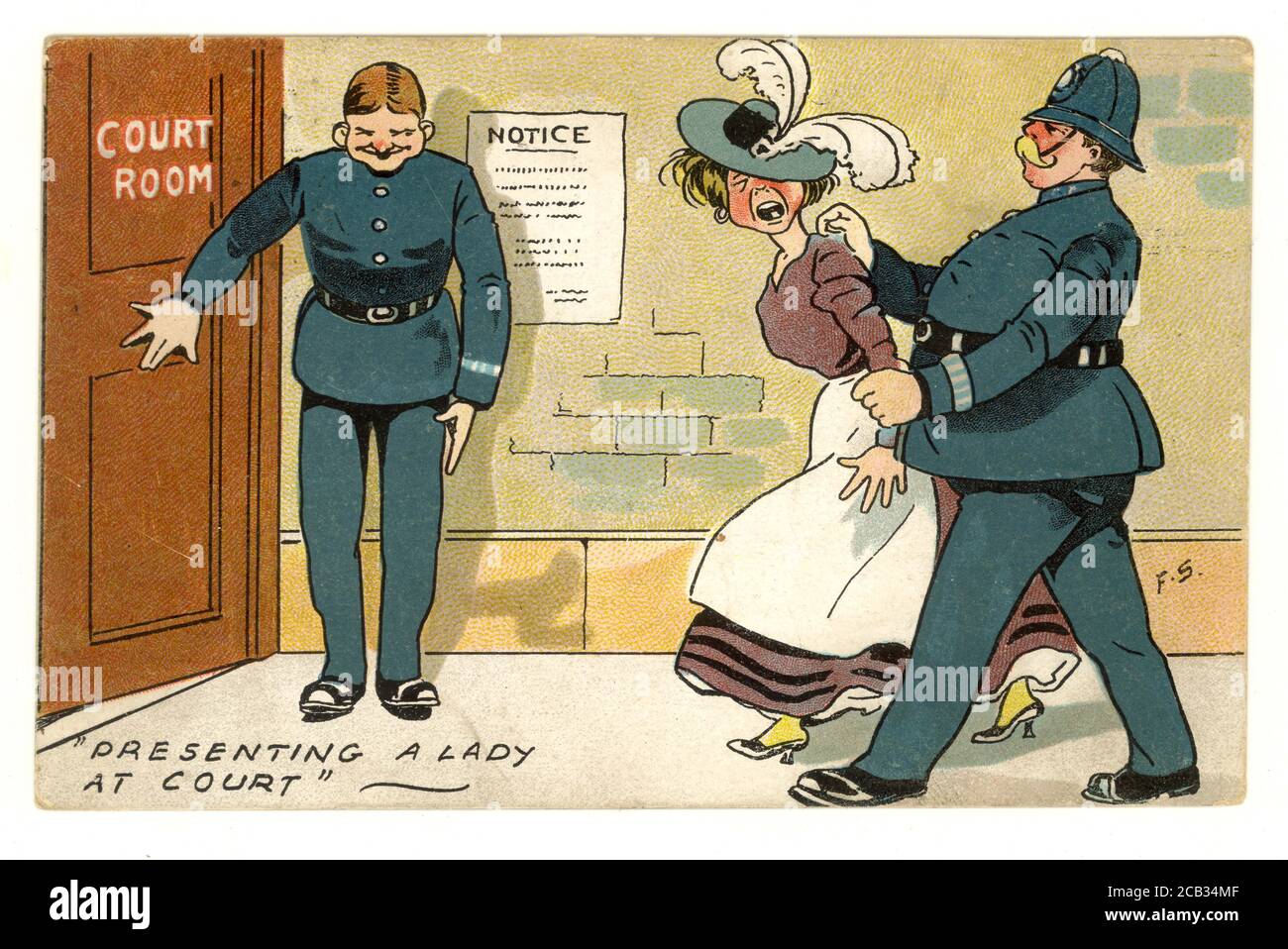 Original early 1900's comic postcard of a militant woman, a suffragette, being taken to court by a policeman, 'presenting a lady at court', posted 31 Aug 1908 U.K. Stock Photo
