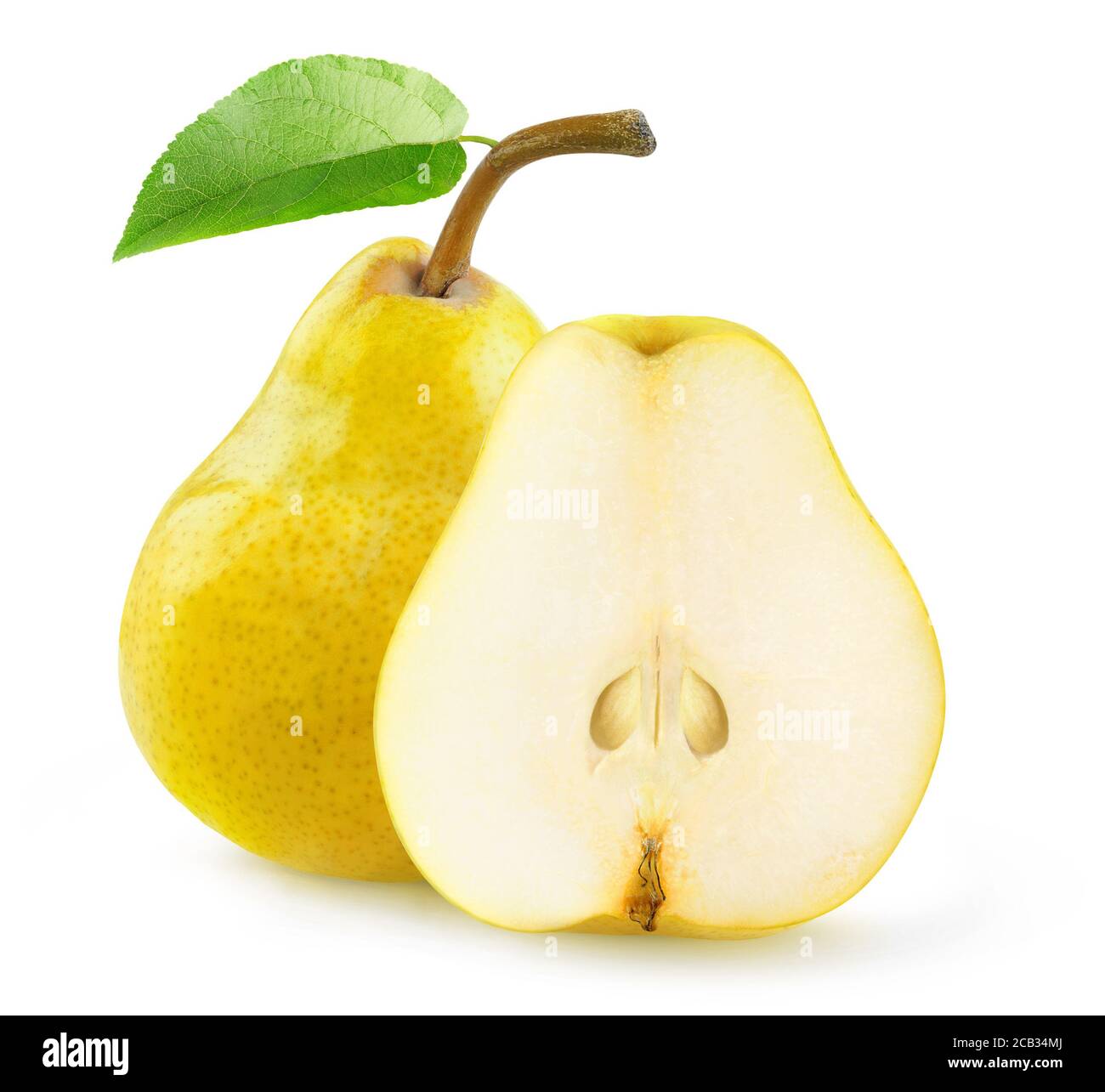 Isolated cut pears. One whole yellow pear with bent stem and leaf and a half isolated on white background Stock Photo