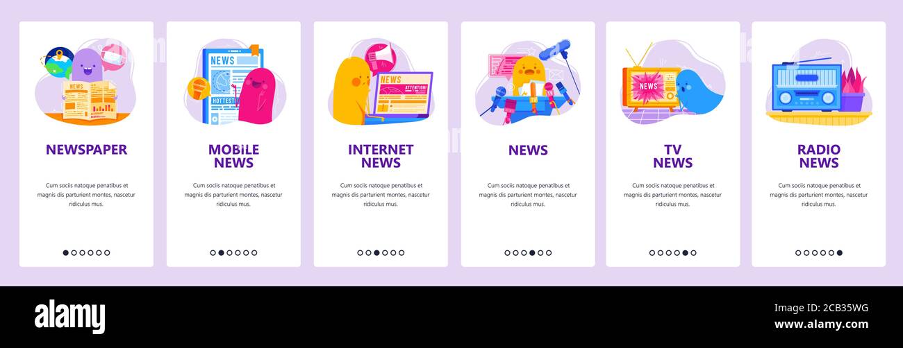 Newspaper, radio, tv and online news. Mobile app onboarding screens ...