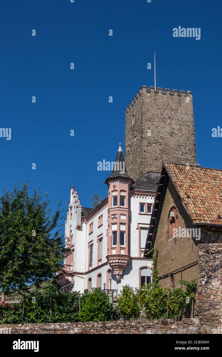 Boosenburg, castle tower with villa in Rüdesheim am Rhein, wine making town in Hesse, Germany Stock Photo