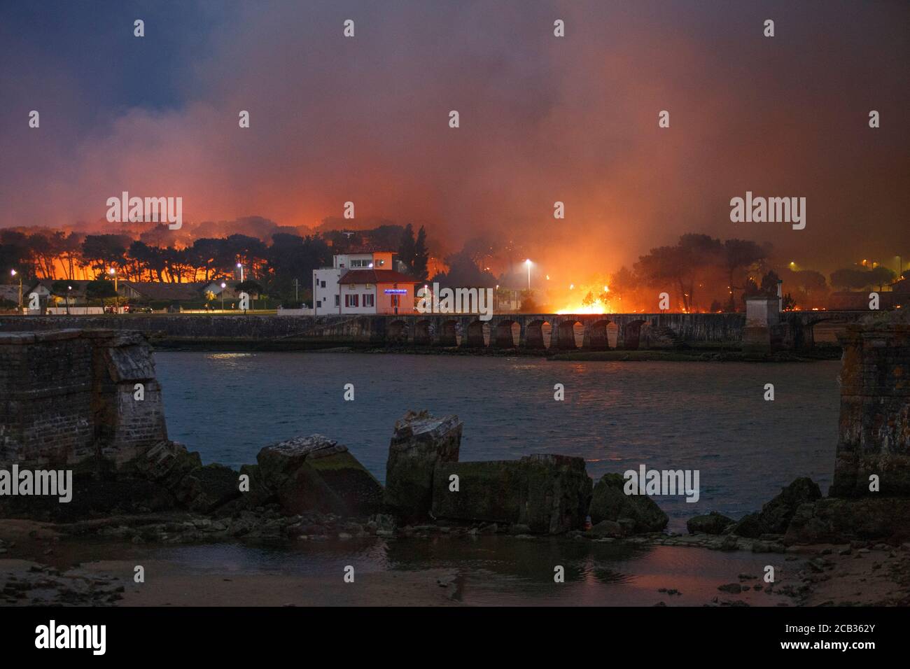 Chiberta forest arson on July 2020, 30 th. The arson devastated 165 hectares of forest and burnt 11 houses in the heart of Anglet. Wildfire. Blaze. Stock Photo
