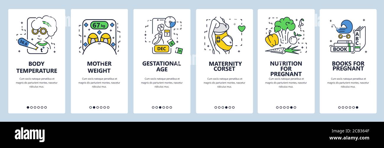 Pregnancy and baby tracking mobile app onboarding screens, vector ...