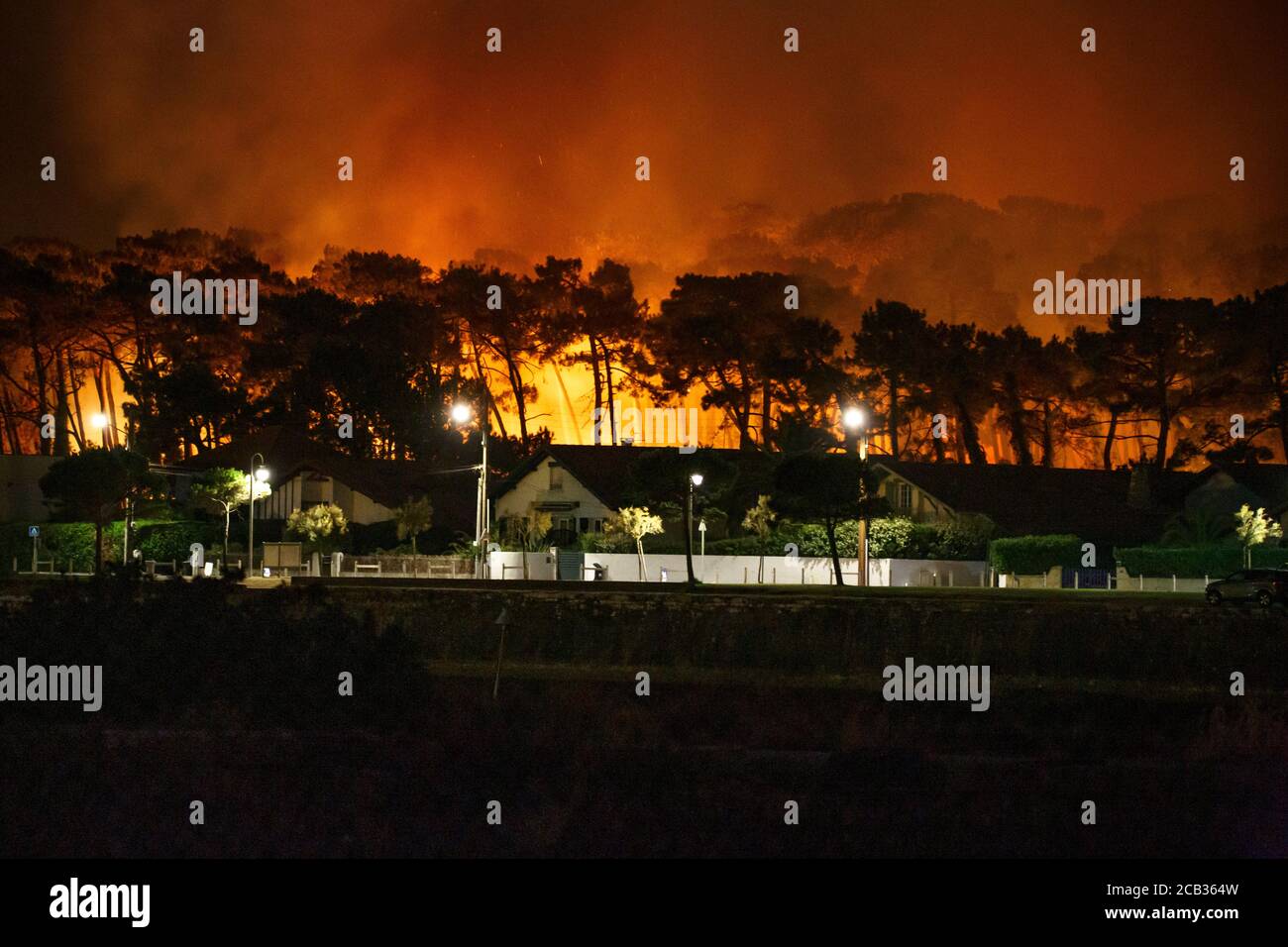 Chiberta forest arson on July 2020, 30 th. The arson devastated 165 hectares of forest and burnt 11 houses in the heart of Anglet. Wildfire. Blaze. Stock Photo