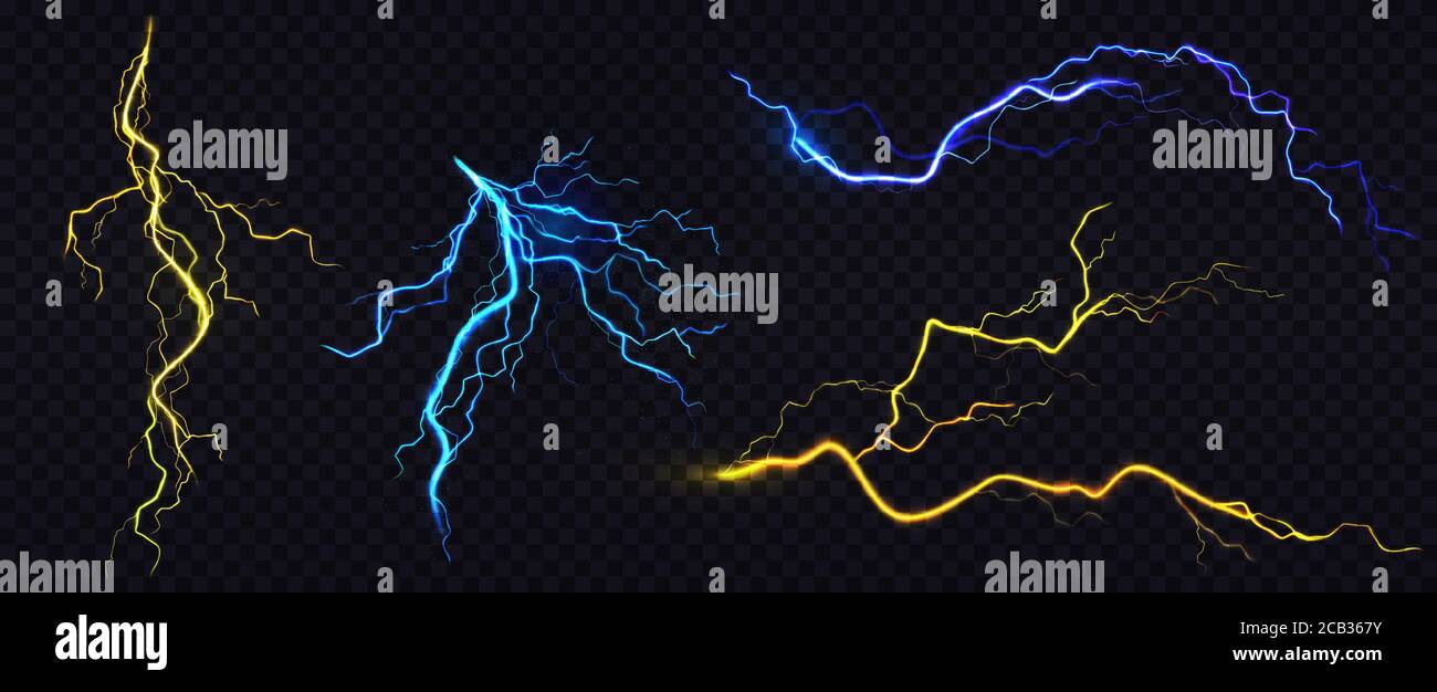 Lightnings, thunderbolt strikes during storm at night. Vector realistic set of blue and yellow electric impact, sparking discharge of thunderstorm isolated on dark transparent background Stock Vector