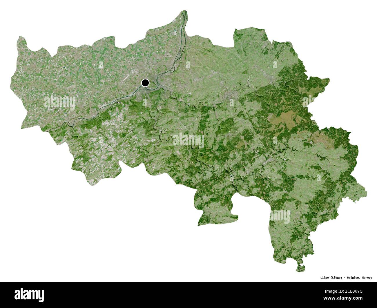 Shape of Liège, province of Belgium, with its capital isolated on white background. Satellite imagery. 3D rendering Stock Photo