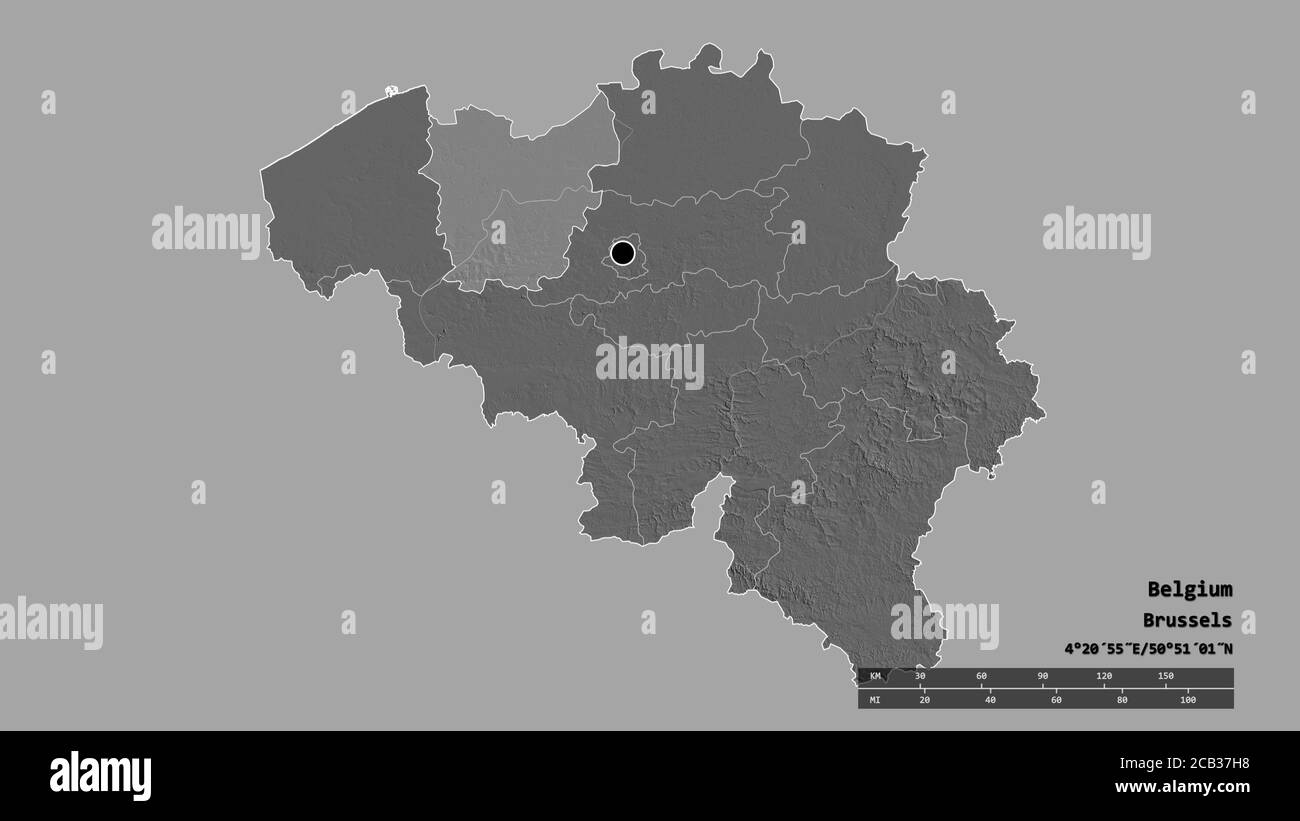 Desaturated shape of Belgium with its capital, main regional division and the separated Oost-Vlaanderen area. Labels. Bilevel elevation map. 3D render Stock Photo