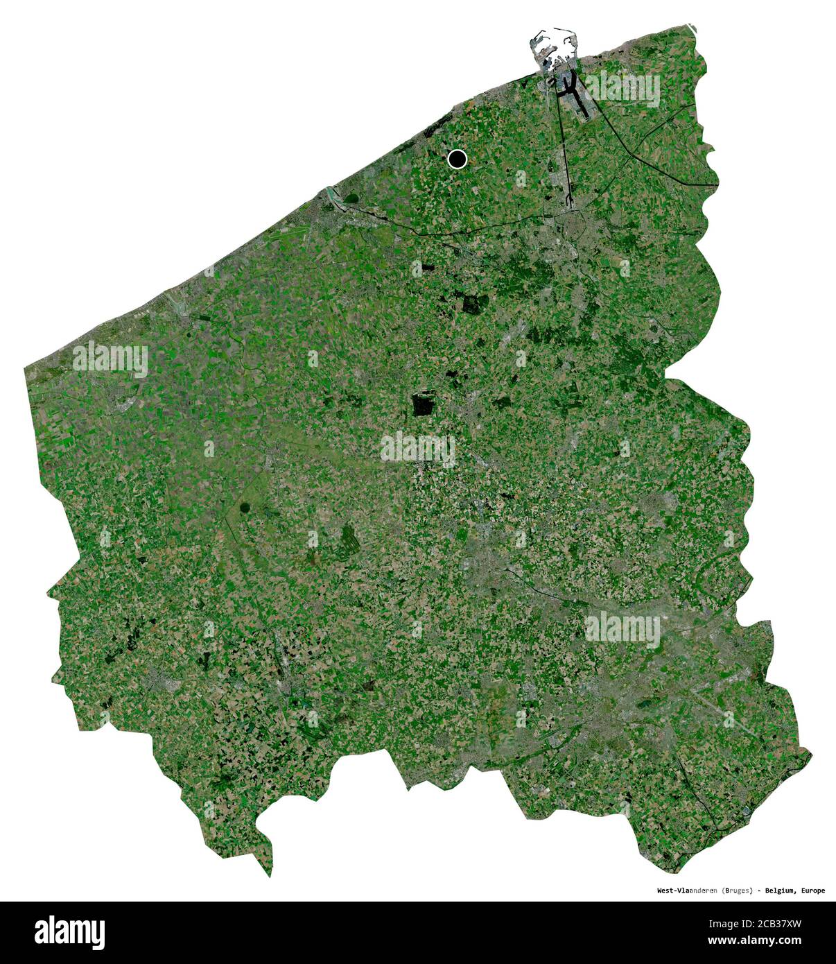 Shape of West-Vlaanderen, province of Belgium, with its capital isolated on white background. Satellite imagery. 3D rendering Stock Photo