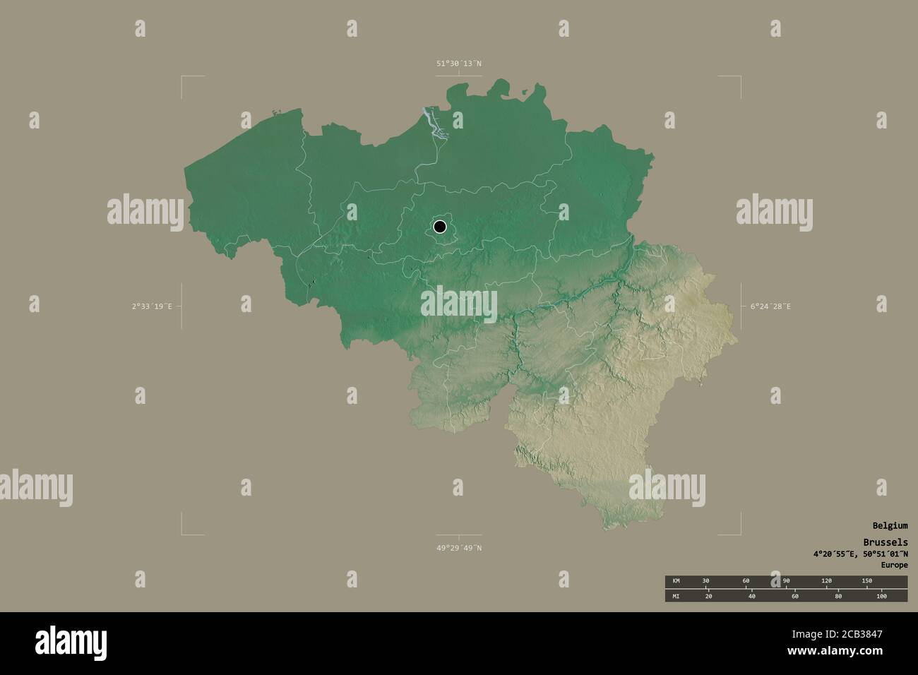 Area of Belgium isolated on a solid background in a georeferenced
