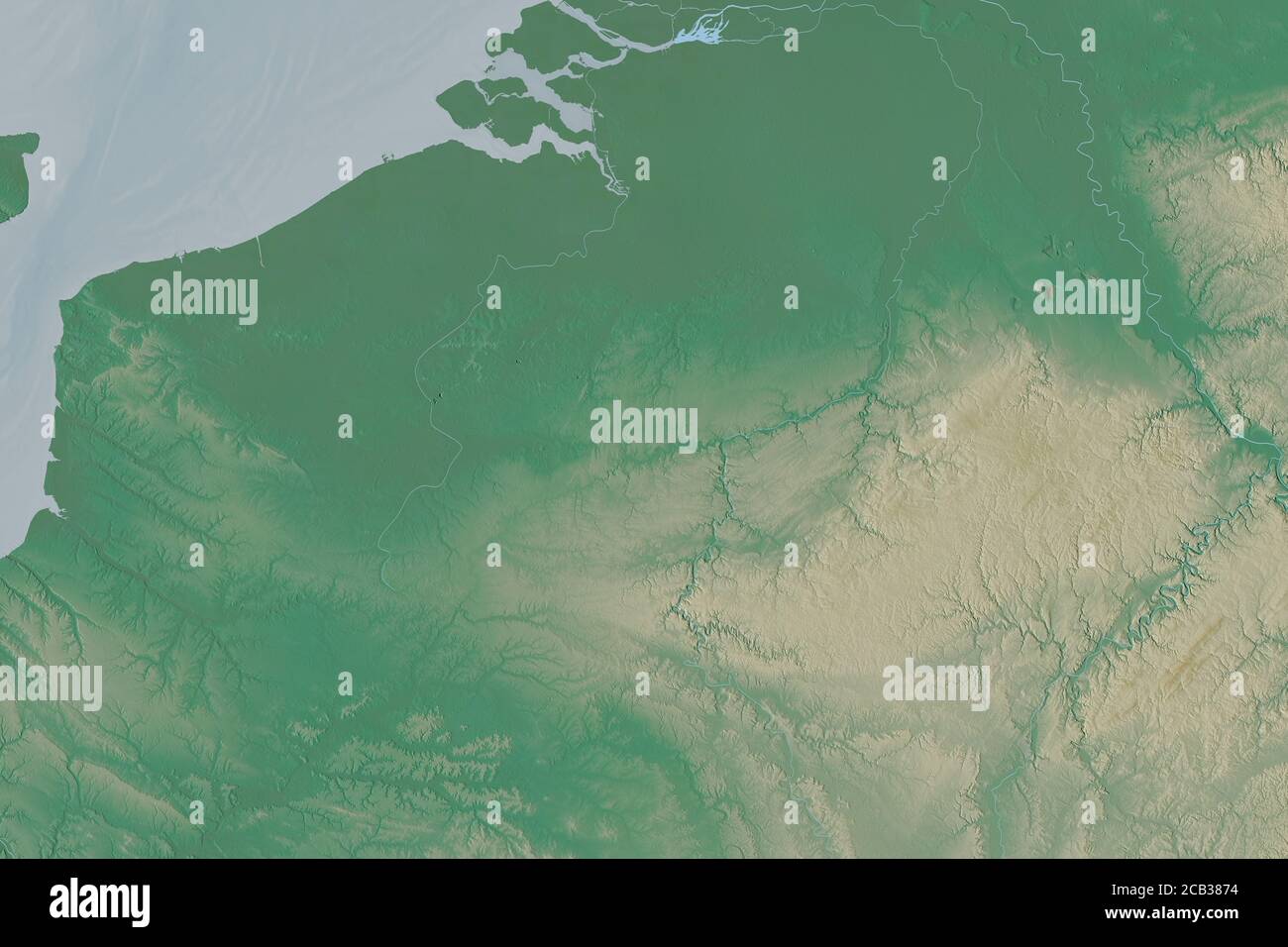 Extended area of Belgium. Topographic relief map. 3D rendering Stock