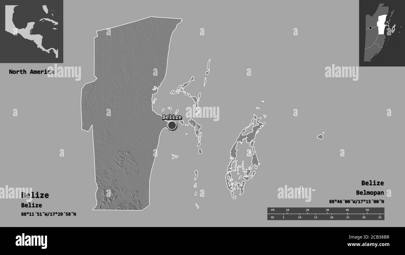 Shape of Belize, district of Belize, and its capital. Distance scale, previews and labels. Bilevel elevation map. 3D rendering Stock Photo