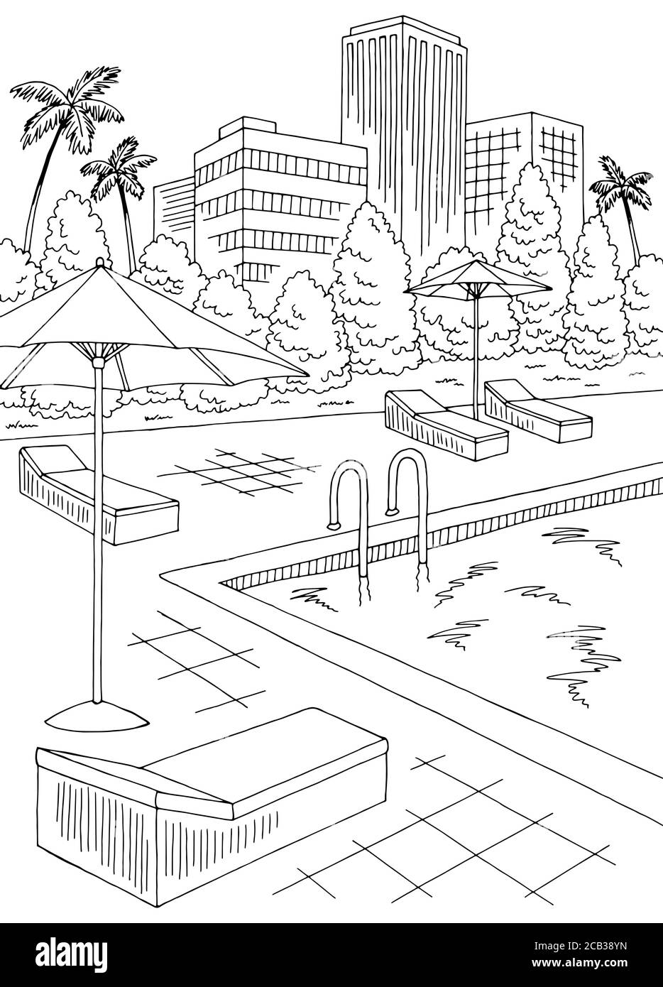 Swimming pool big hotel graphic black white landscape sketch illustration  vector Stock Vector Image & Art - Alamy