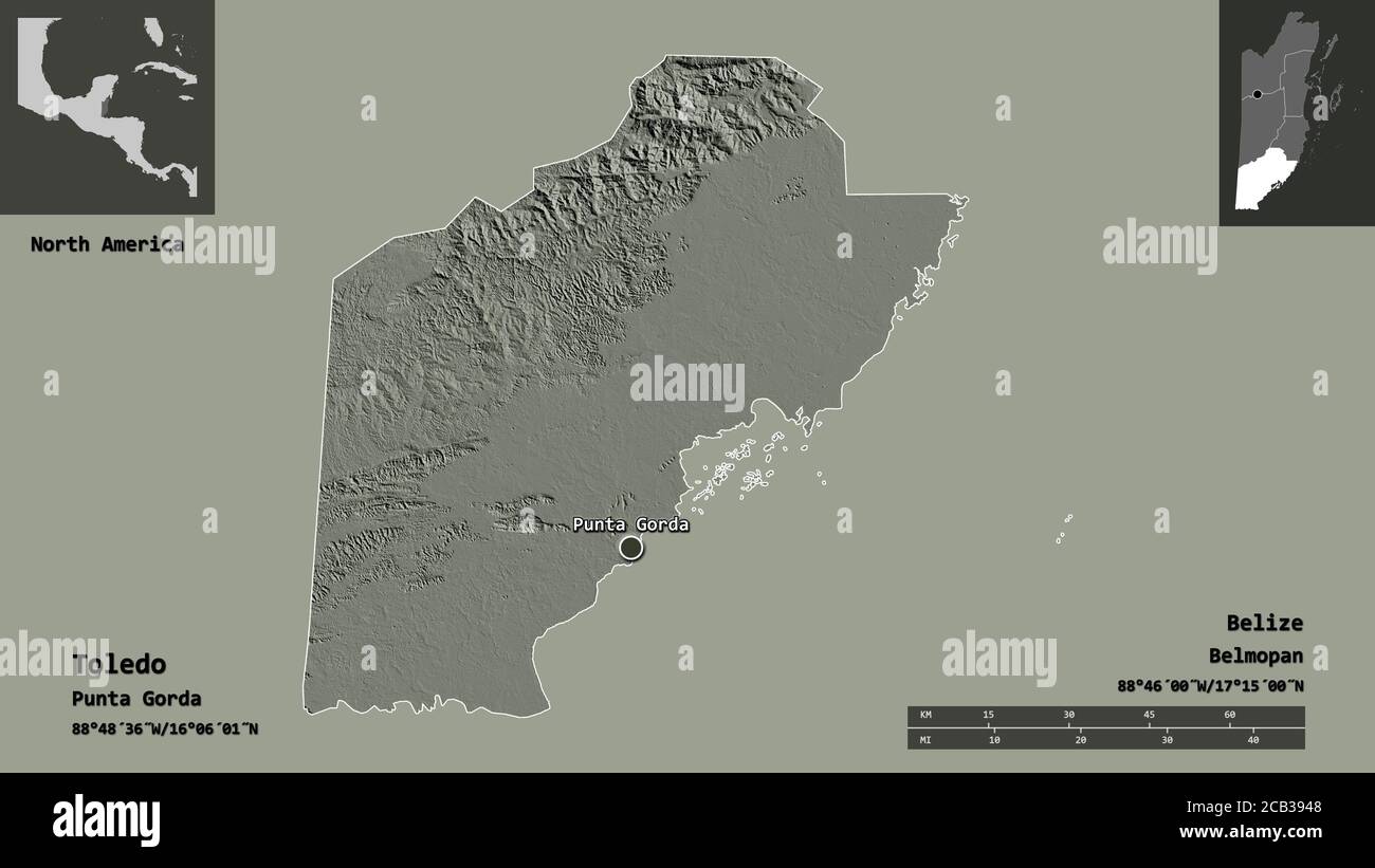 Map Of Toledo District Belize Shape Of Toledo, District Of Belize, And Its Capital. Distance Scale,  Previews And Labels. Colored Elevation Map. 3D Rendering Stock Photo - Alamy
