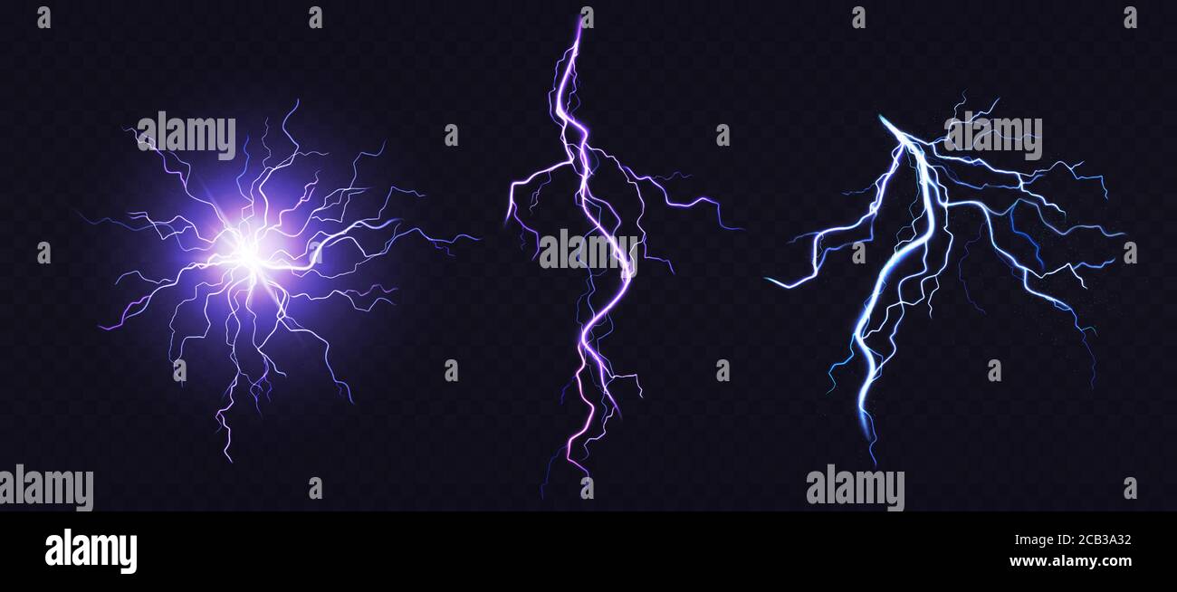 Electric ball and lightning strike, impact place, plasma sphere or magical energy flash of blue and lilac colors isolated on black background. Powerful electrical discharge, Realistic 3d vector set Stock Vector