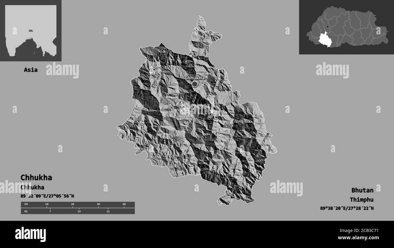 Shape of Chhukha, district of Bhutan, and its capital. Distance scale, previews and labels. Bilevel elevation map. 3D rendering Stock Photo