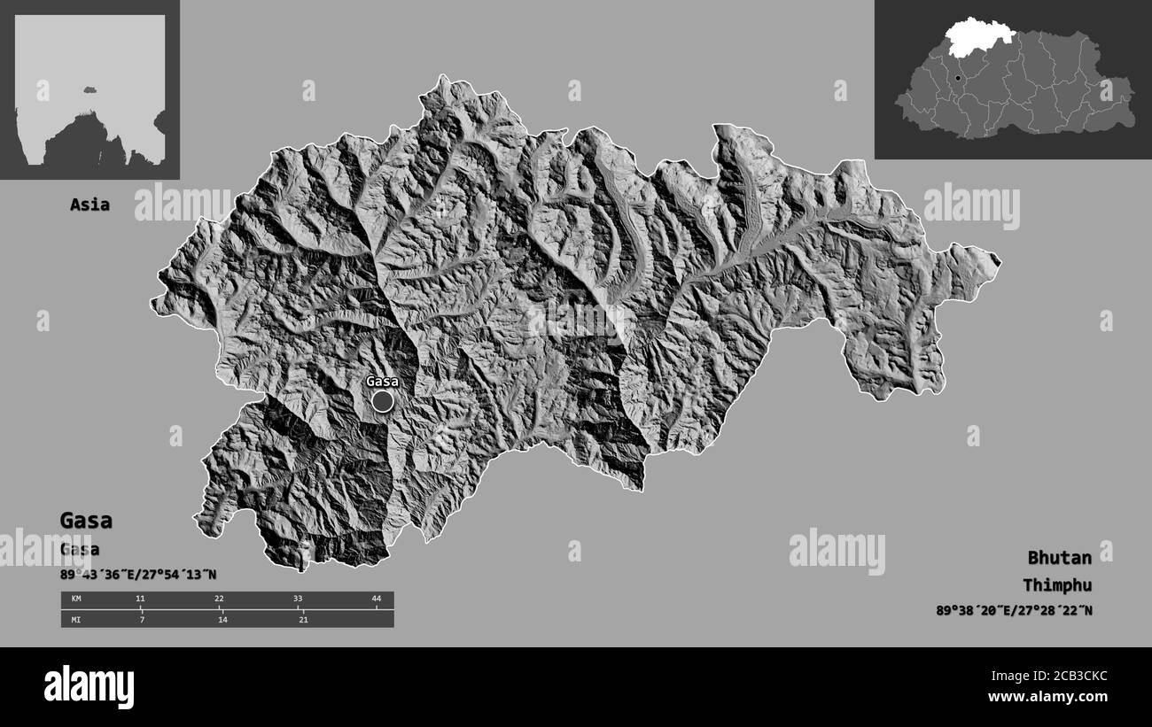 Shape of Gasa, district of Bhutan, and its capital. Distance scale, previews and labels. Bilevel elevation map. 3D rendering Stock Photo