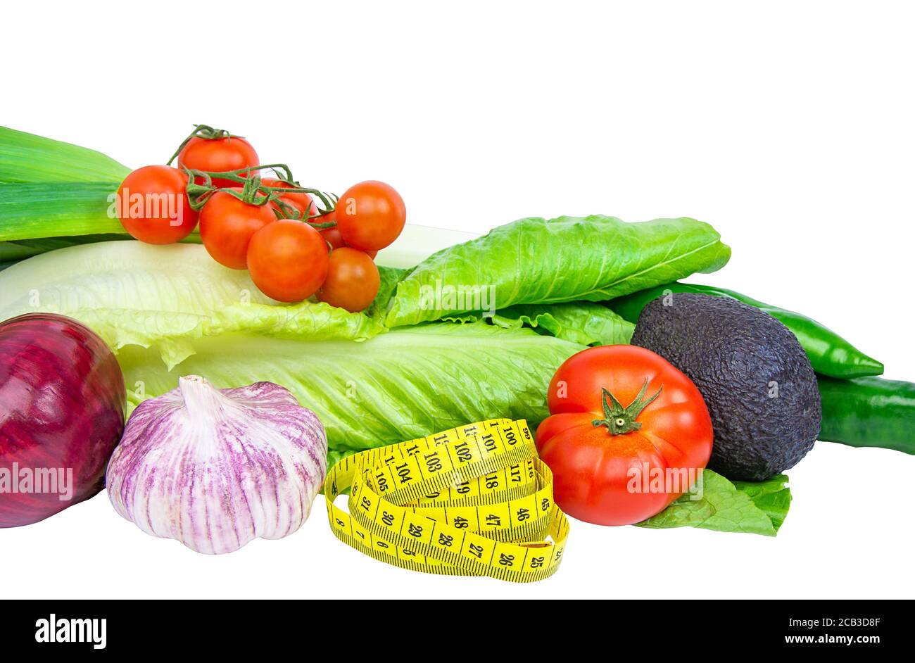 Balance diet. Different vegetables, salad, tomato, avocado, onion, cherry tomatoes, leek Stock Photo