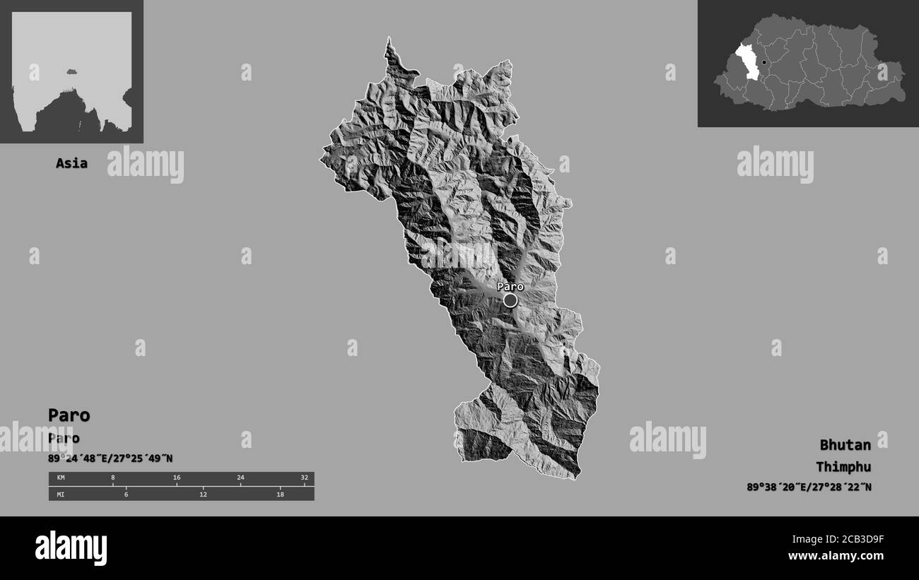 Shape of Paro, district of Bhutan, and its capital. Distance scale, previews and labels. Bilevel elevation map. 3D rendering Stock Photo