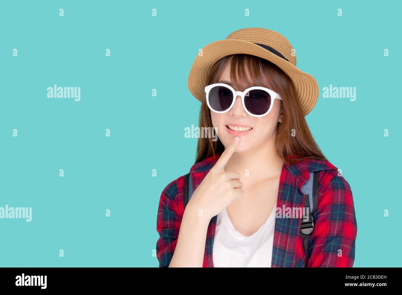 Beautiful portrait young asian woman wear sunglasses and hat having ...