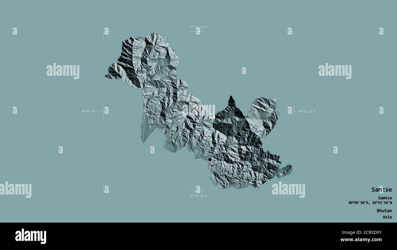 Area of Samtse, district of Bhutan, isolated on a solid background in a ...