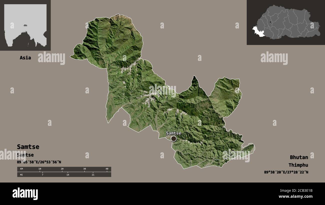 Shape of Samtse, district of Bhutan, and its capital. Distance scale ...