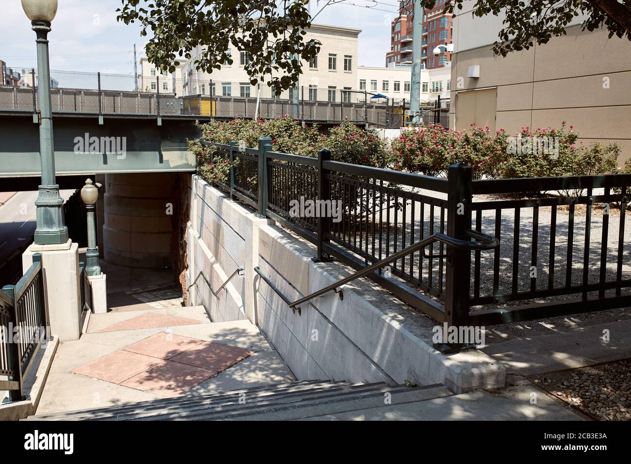 Stairs descending under overpass. In the Riverfront Park neighborhood
