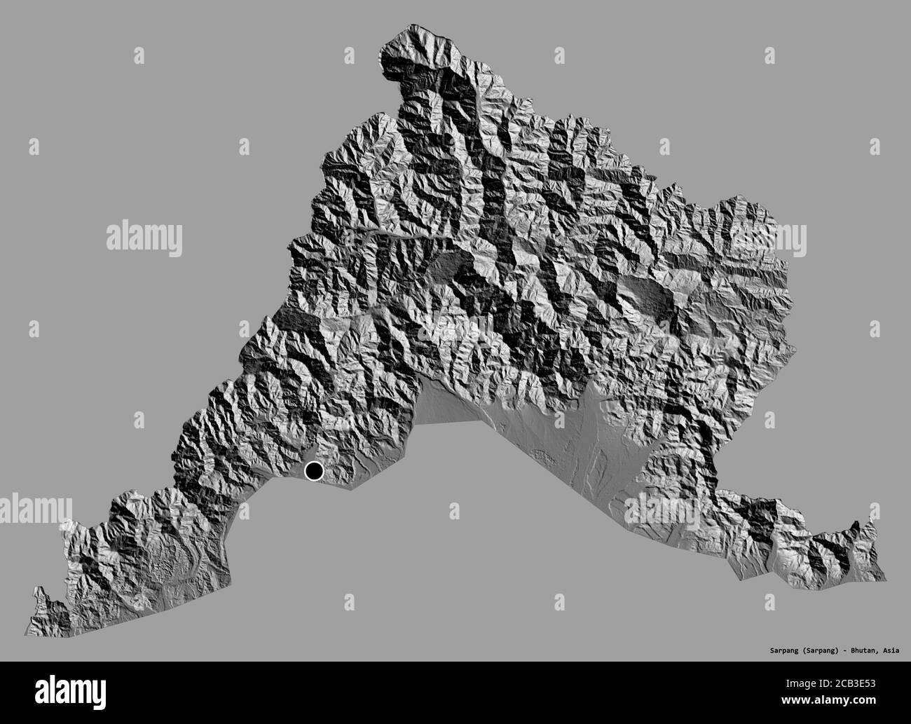 Shape of Sarpang, district of Bhutan, with its capital isolated on a solid color background. Bilevel elevation map. 3D rendering Stock Photo