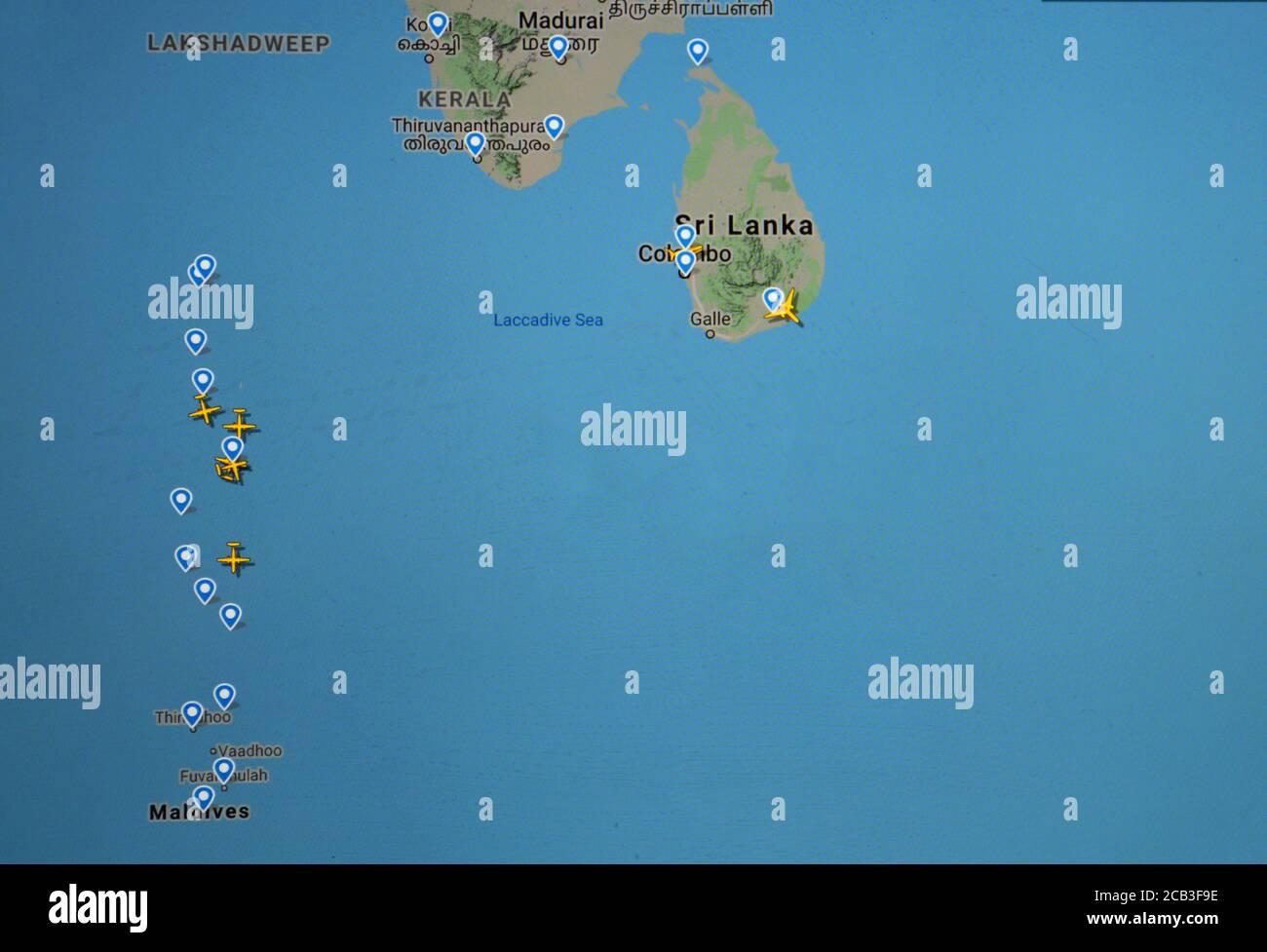 air traffic over Sri lanka and Maldives islands, (10 august 2020, UTC 11.03)  on Internet with Flightradar 24 site, during the Coronavirus Pandemic Stock Photo