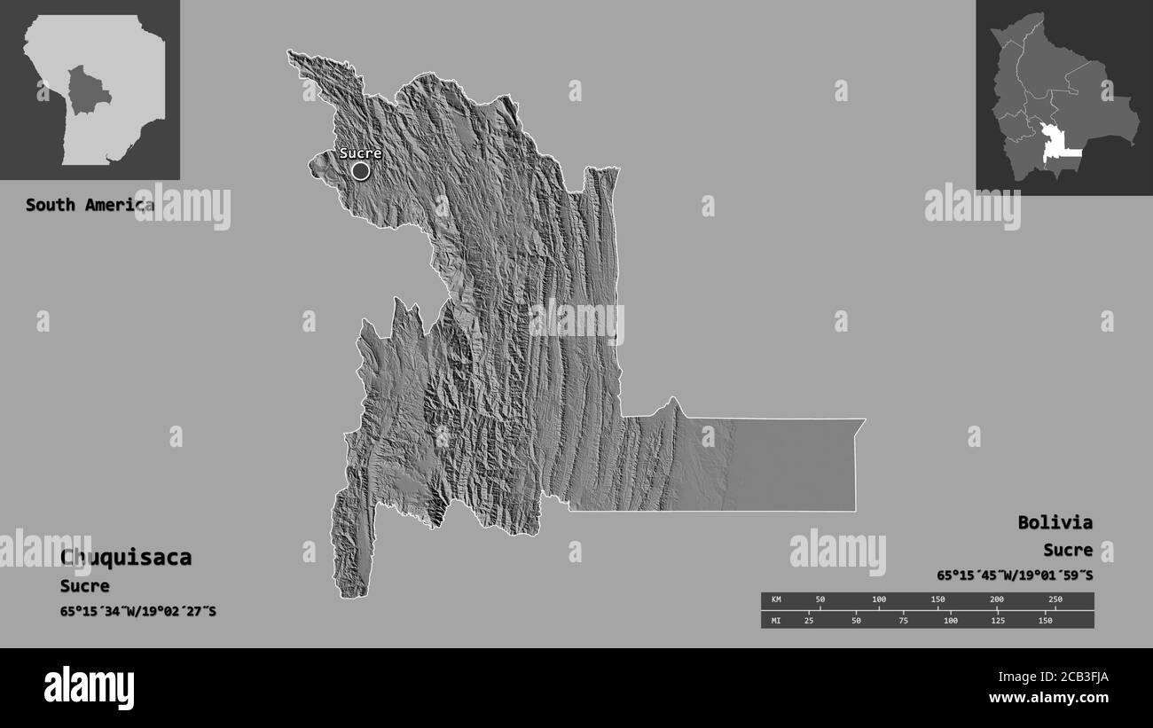 Shape of Chuquisaca, department of Bolivia, and its capital. Distance scale, previews and labels. Bilevel elevation map. 3D rendering Stock Photo