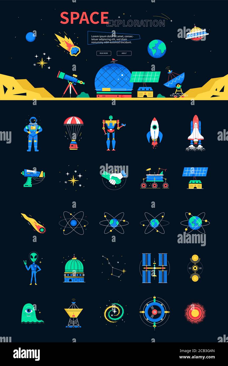 Space exploration - colorful flat design style web banner Stock Vector