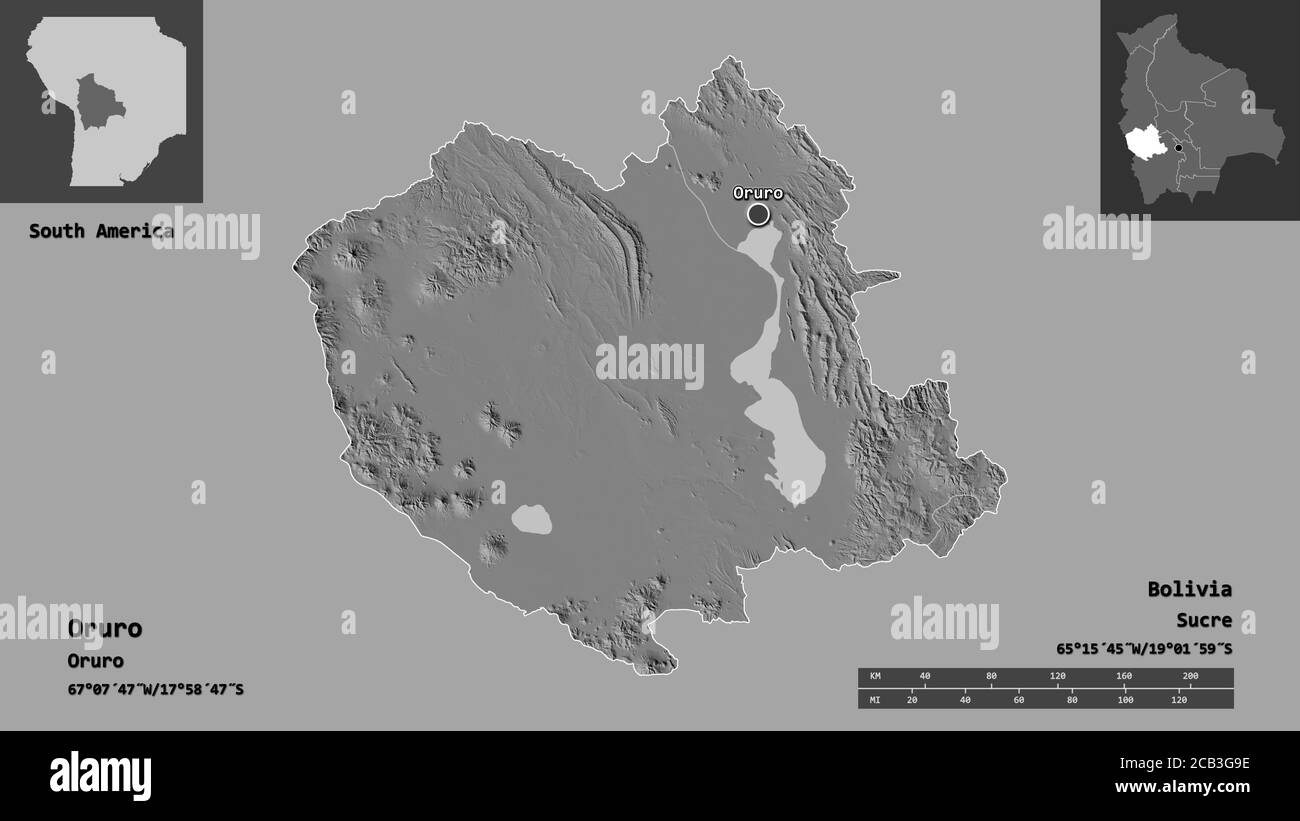 Shape of Oruro, department of Bolivia, and its capital. Distance scale, previews and labels. Bilevel elevation map. 3D rendering Stock Photo