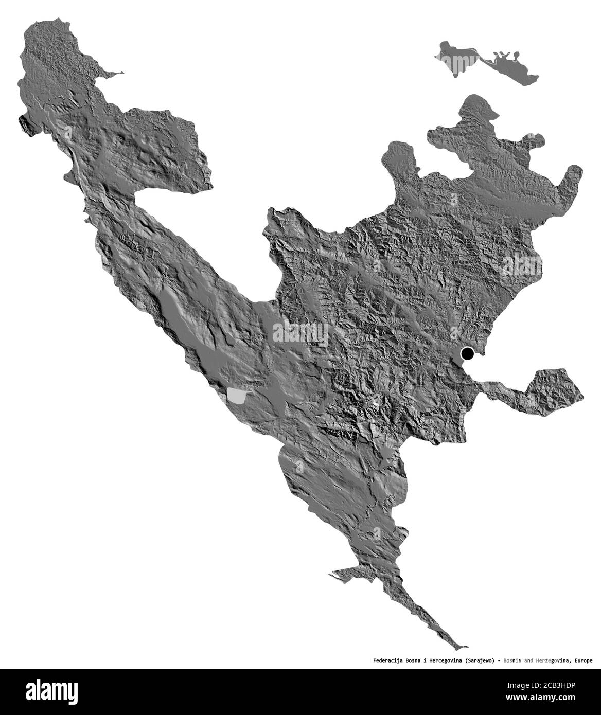 Shape of Federacija Bosna i Hercegovina, entity of Bosnia and Herzegovina, with its capital isolated on white background. Bilevel elevation map. 3D re Stock Photo