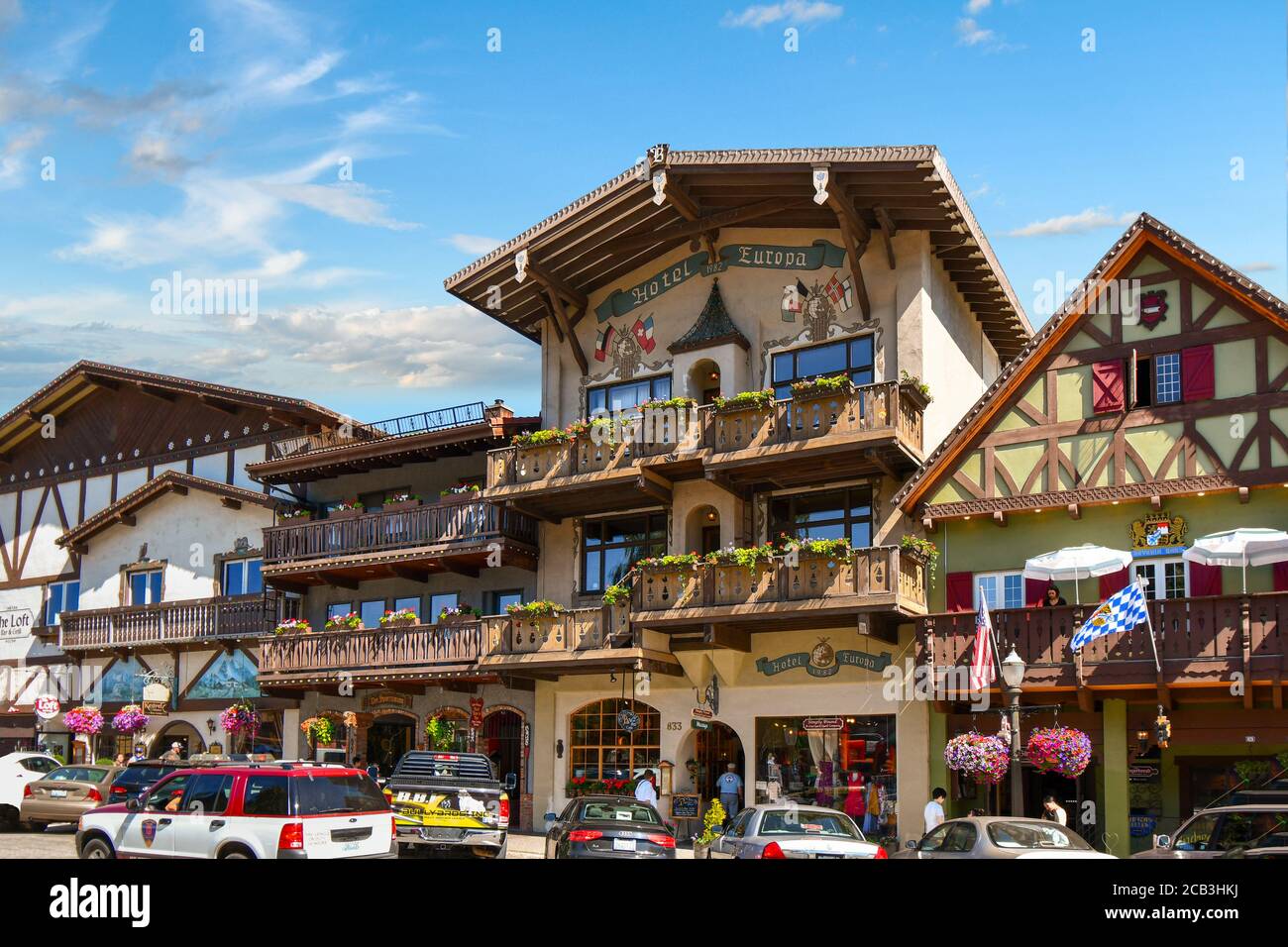 Picturesque buildings and shops in the Bavarian and Scandinavian themed town of Leavenworth, Washington State, USA Stock Photo