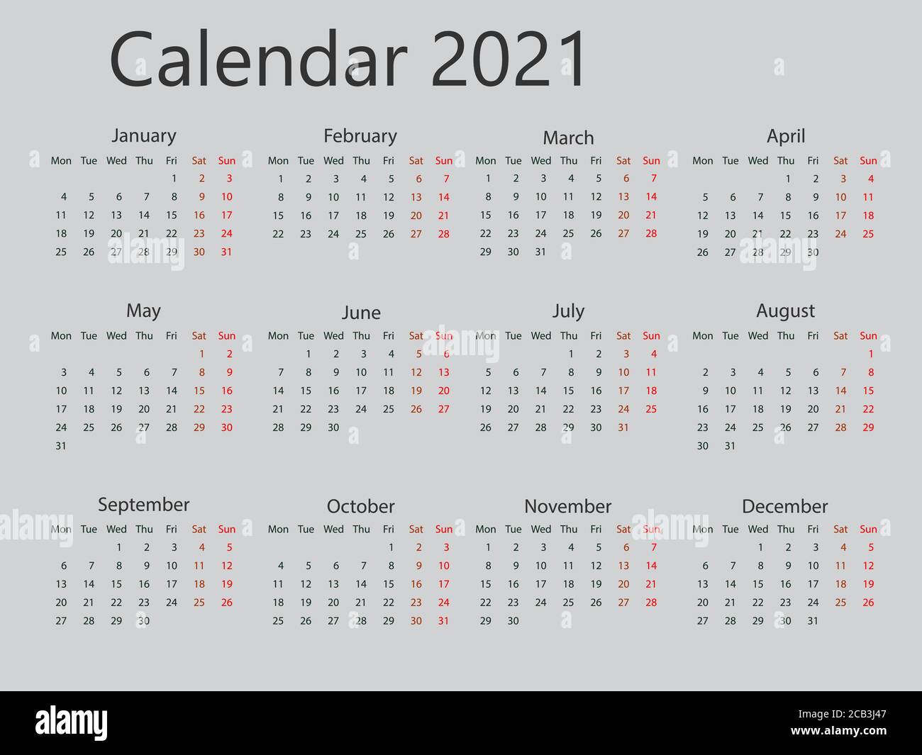 2021 calendar, week starts Monday. Vector illustration, flat design. Stock Vector