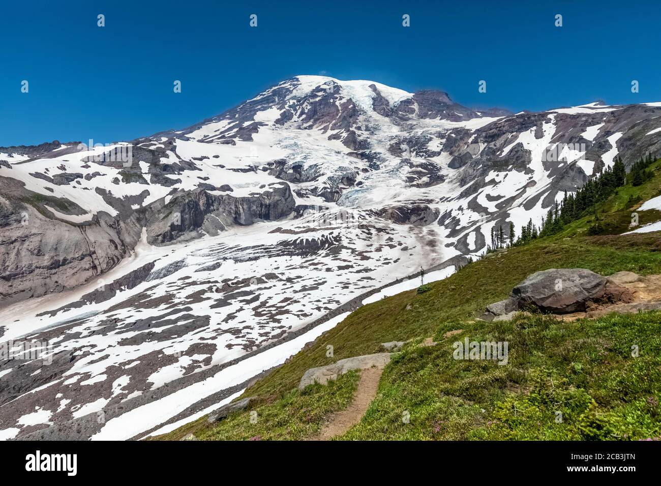 Awe-inspiring Nisqually Glacier in July in Mount Rainier National Park, Washington State, USA Stock Photo