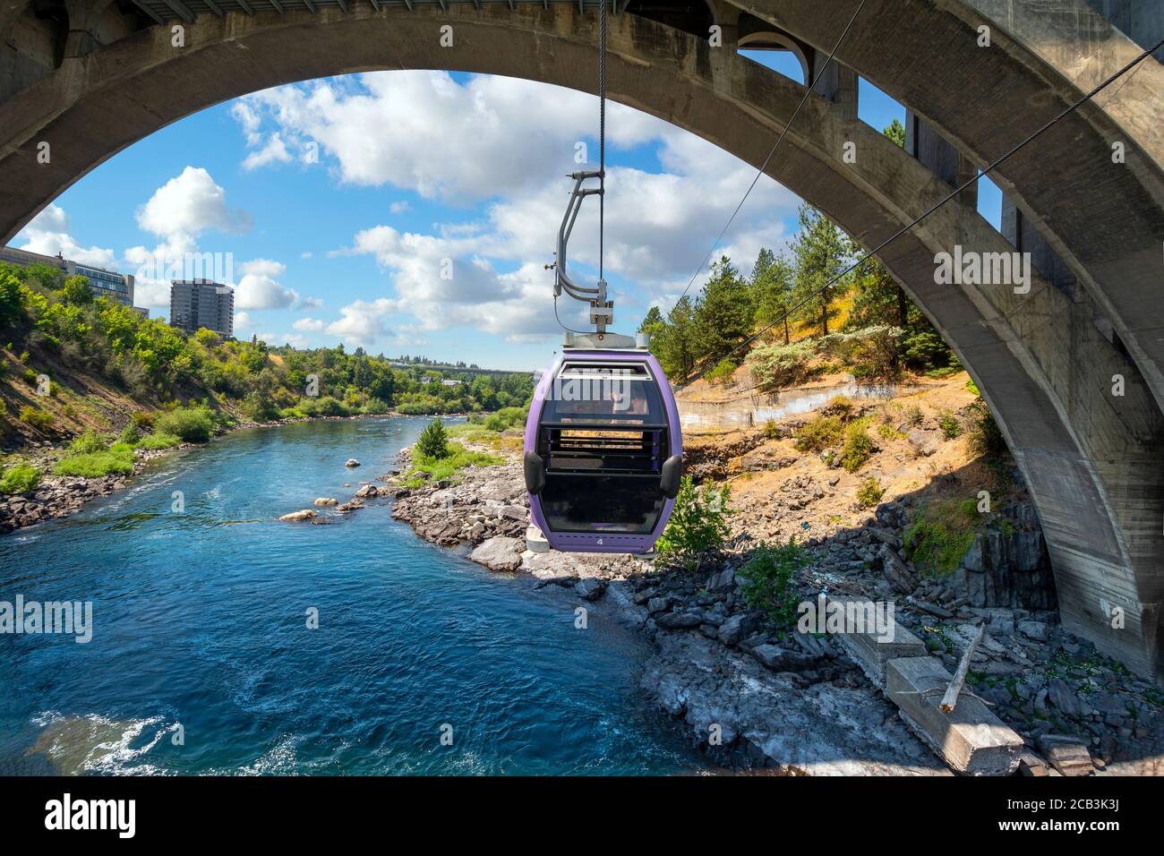 View from a gondola on a cable above the Spokane River at Riverfront Park, Spokane Washington, USA Stock Photo