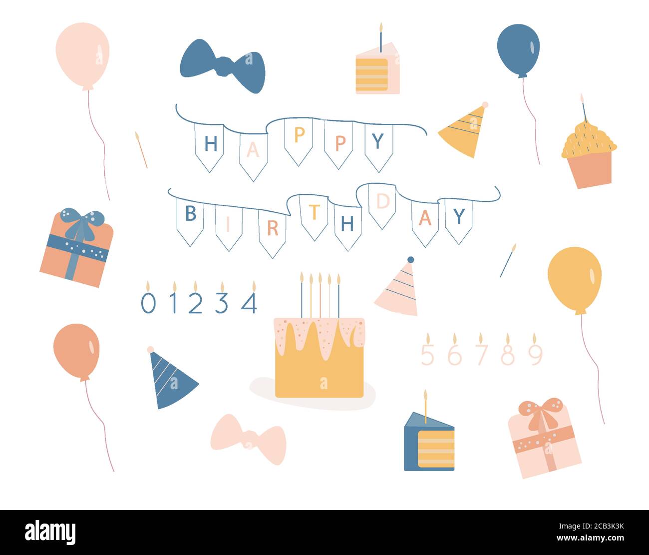 Birthday set. Happy birthday decoration elements in vector flat style Stock Vector