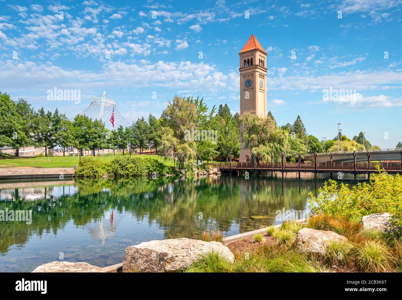 Riverfront Park, along the Spokane River in downtown Spokane, Washington, USA, with the Pavilion and clock tower in view. Stock Photo