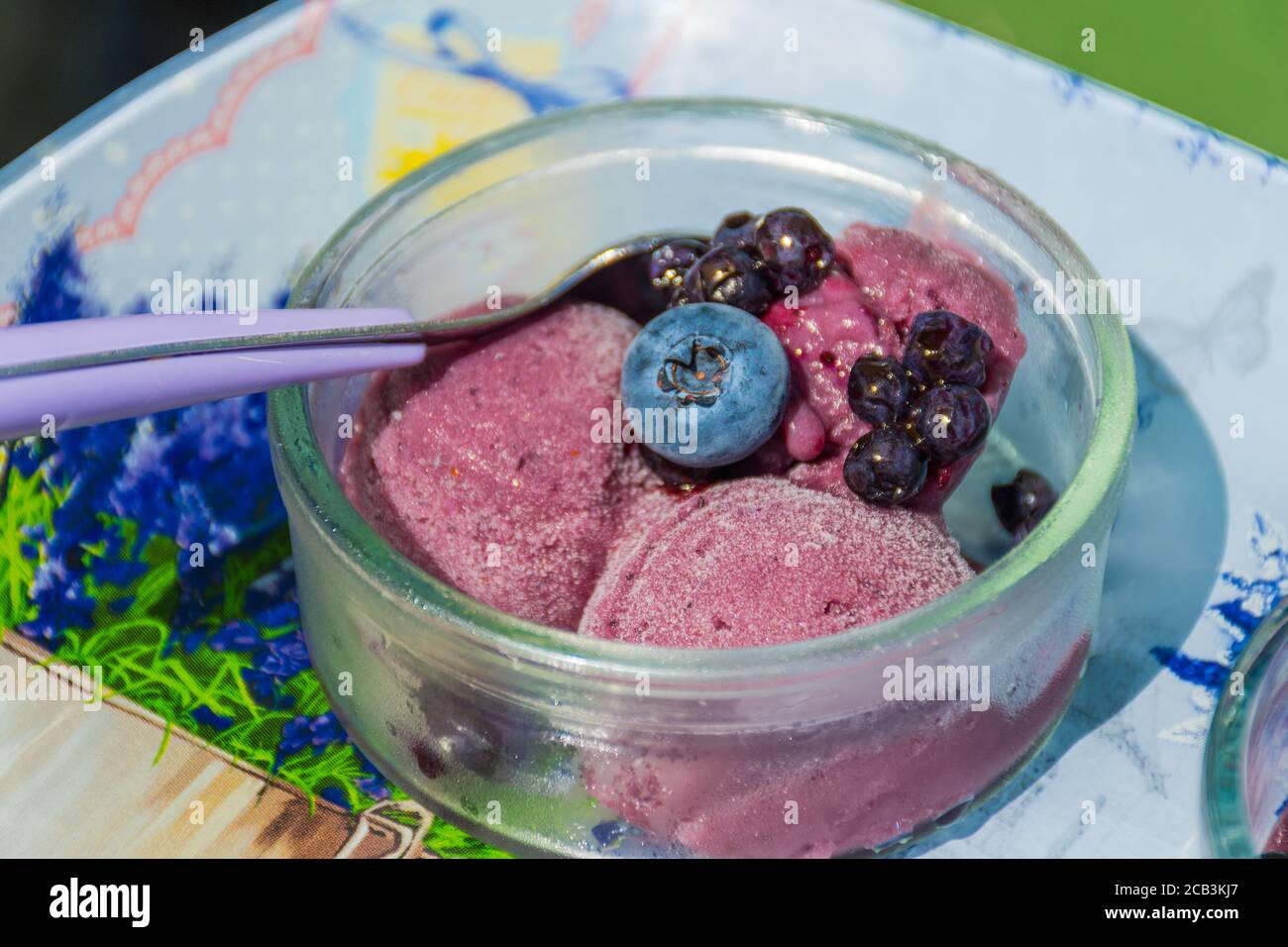 Delicious homemade lavender ice cream in a glass cup with blueberries and wild berries, close up Stock Photo