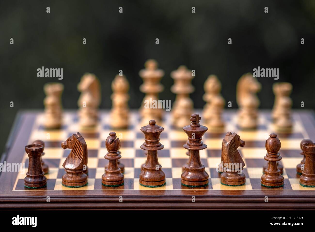 Chess pieces in starting position on a wooden oak Board Stock Photo - Alamy